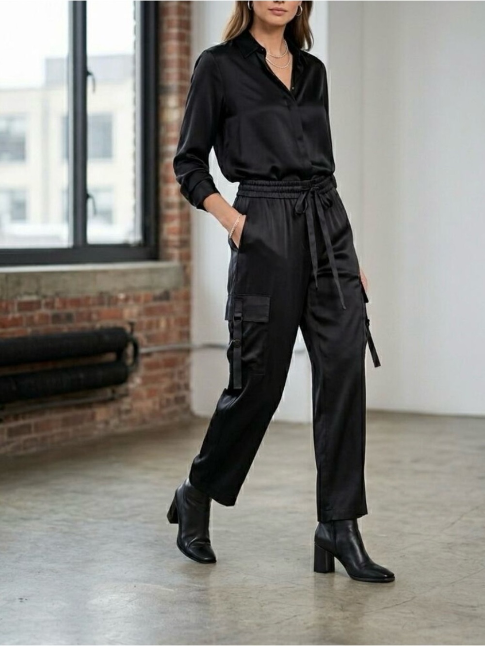 Donna Karan New York Satin Wide Leg Cargo Pants Black M NWOT